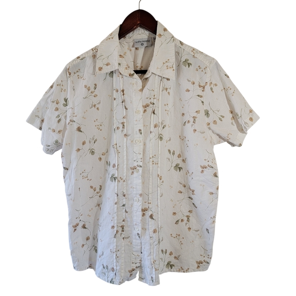 Kathy Ireland White Floral Button-Up Blouse Sz L Short Sleeve Cotton Preppy